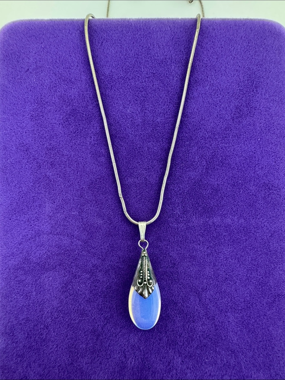 💛 Vintage Sterling Silver Opalite Teardrop Pendant Necklace